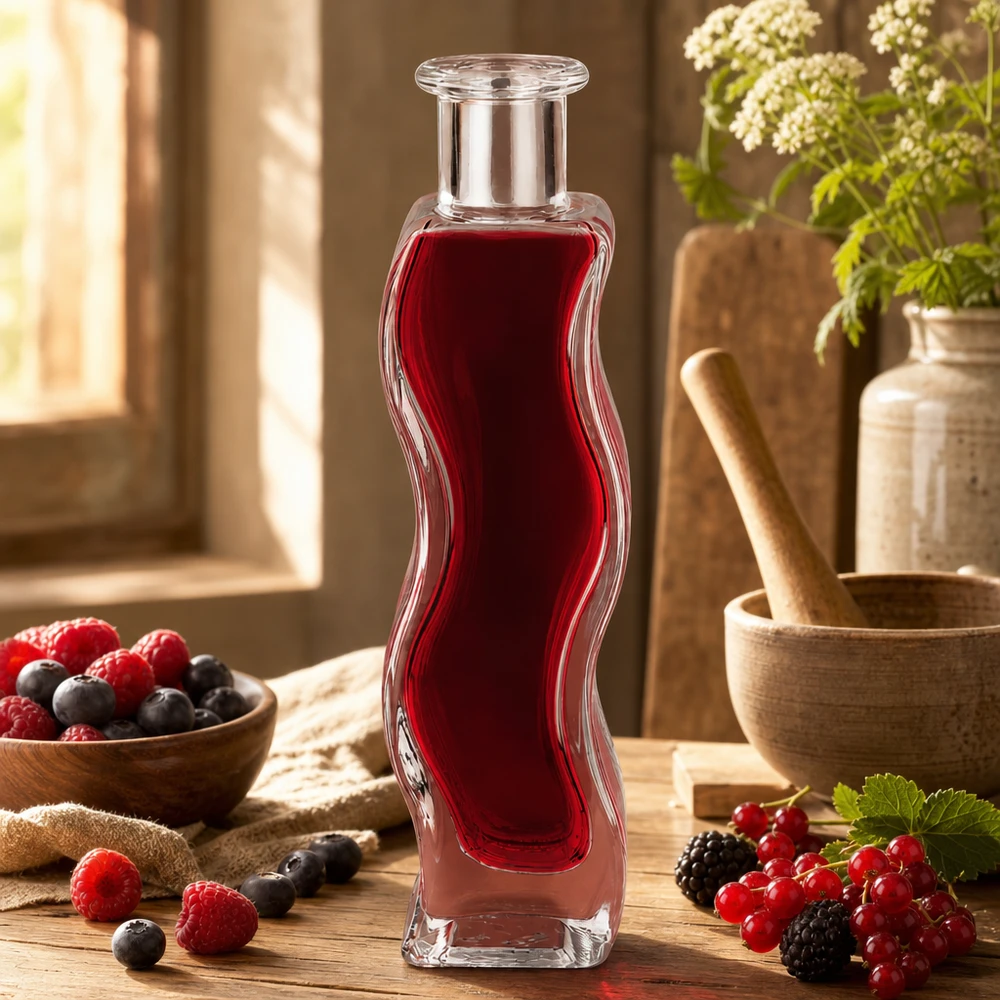 Flacone in vetro da 100 ml Melissa senza tappo UNiTWIST® Glasflasche Melissa 100ml mit rotem Beerensaft in natürlicher Küche umgeben von frischen Beeren und Holzschalen