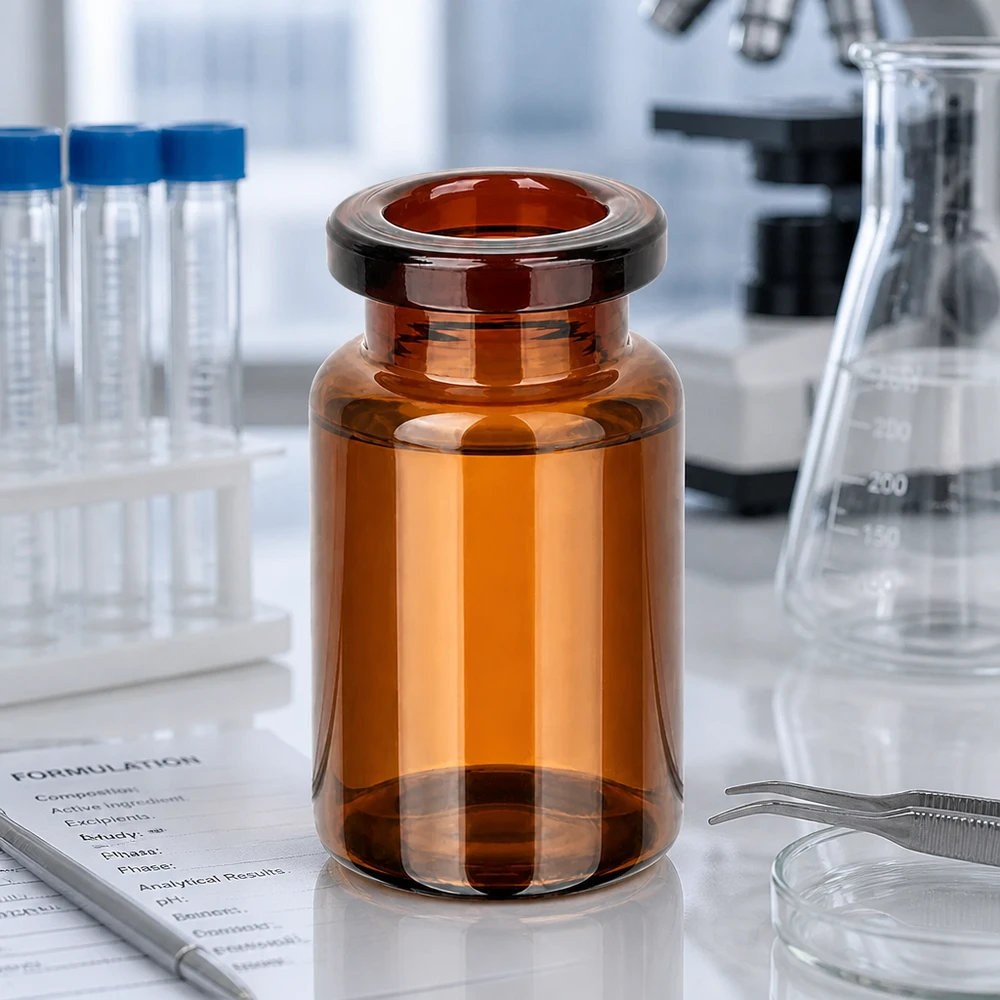 Flacone da iniezione in vetro ambrato da 5ml Leere Injektionsflasche Braunglas 5ml neben Erlenmeyerkolben und Formulation Sheet