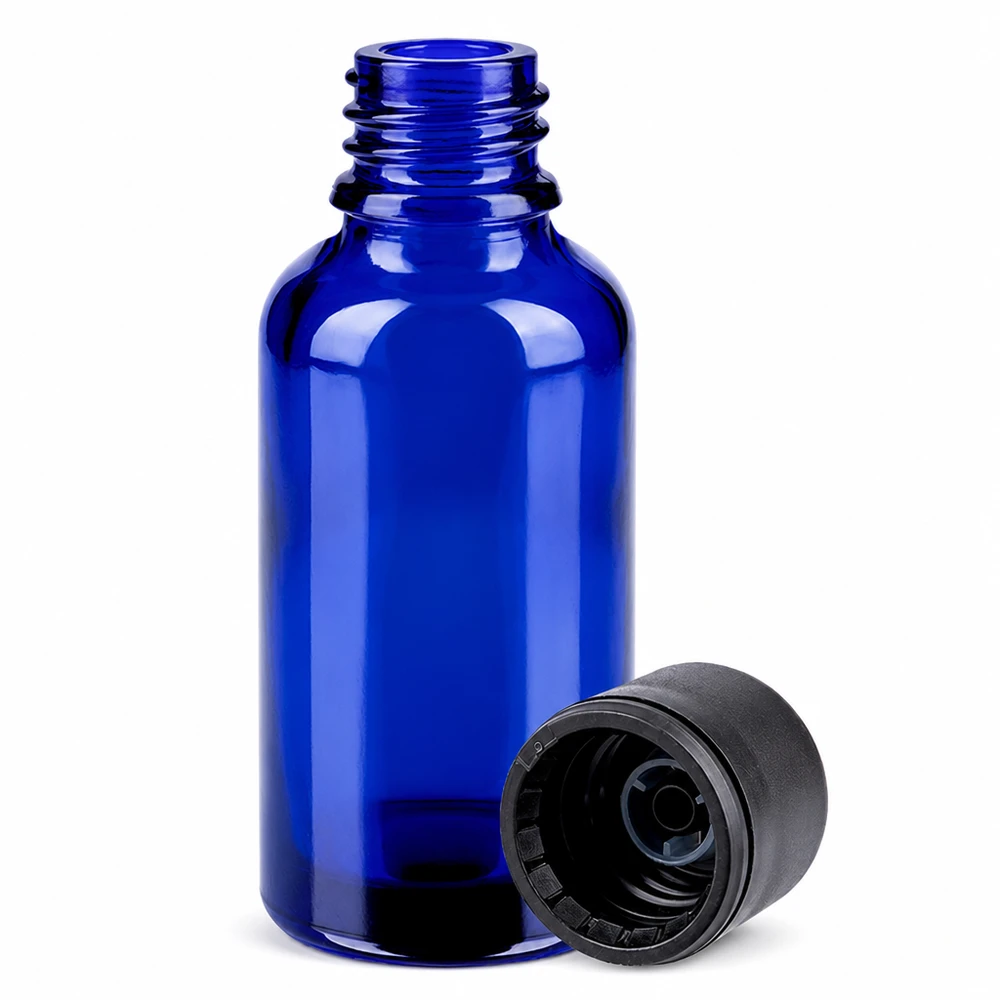 Bottiglia da 30ml 6mm SV nero STD BlueLine UT18/30 Flacone SV da 30 ml con filettatura UT18 di colore blu brillante per applicazioni farmaceutiche