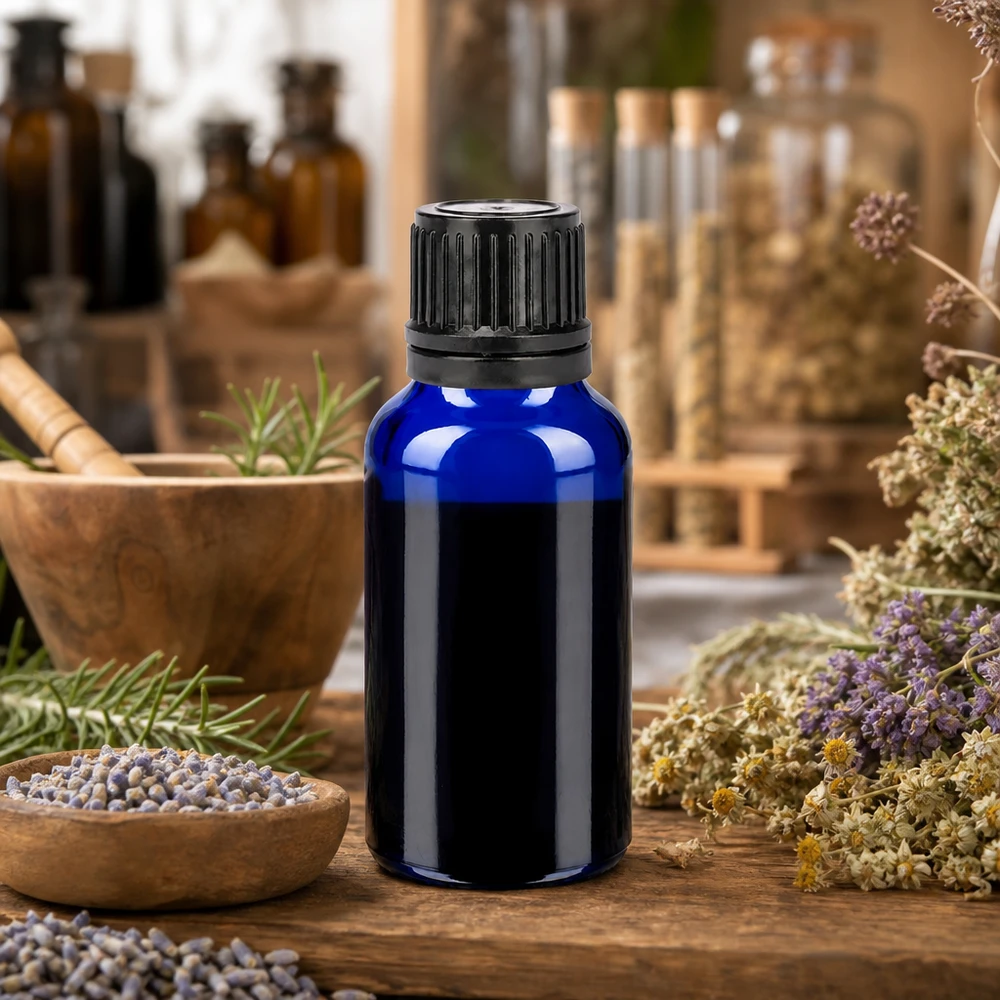 Bottiglia da 20ml 11mm SV nero OV BlueLine UT18/20 Flacone in vetro cobalto da 20 ml protetto dalla luce con tappo nero a prova di perdite per cosmetici naturali