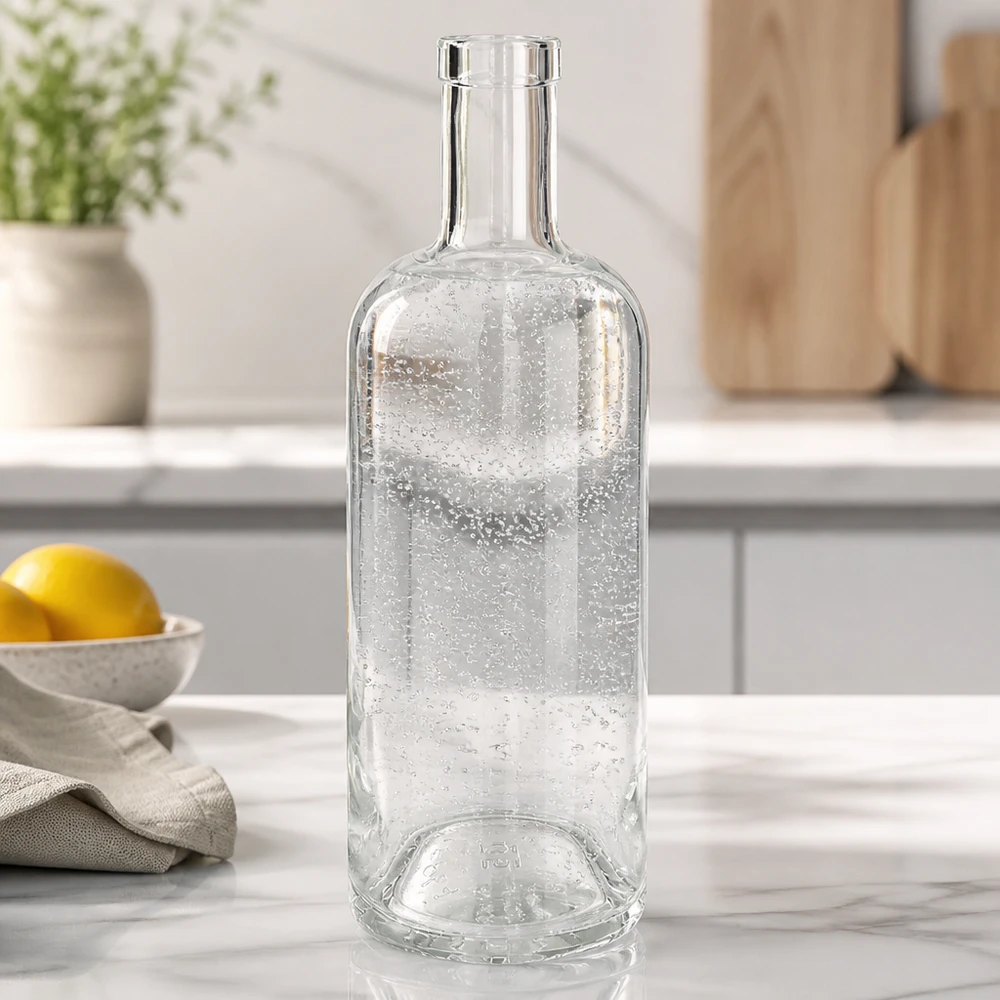 Bottiglia in vetro da 750 ml Emma senza tappo UNiTWIST® Bottiglia di vetro da 750 ml Emma vuota in cucina bianca su piano di marmo con limone e strofinaccio come decorazione
