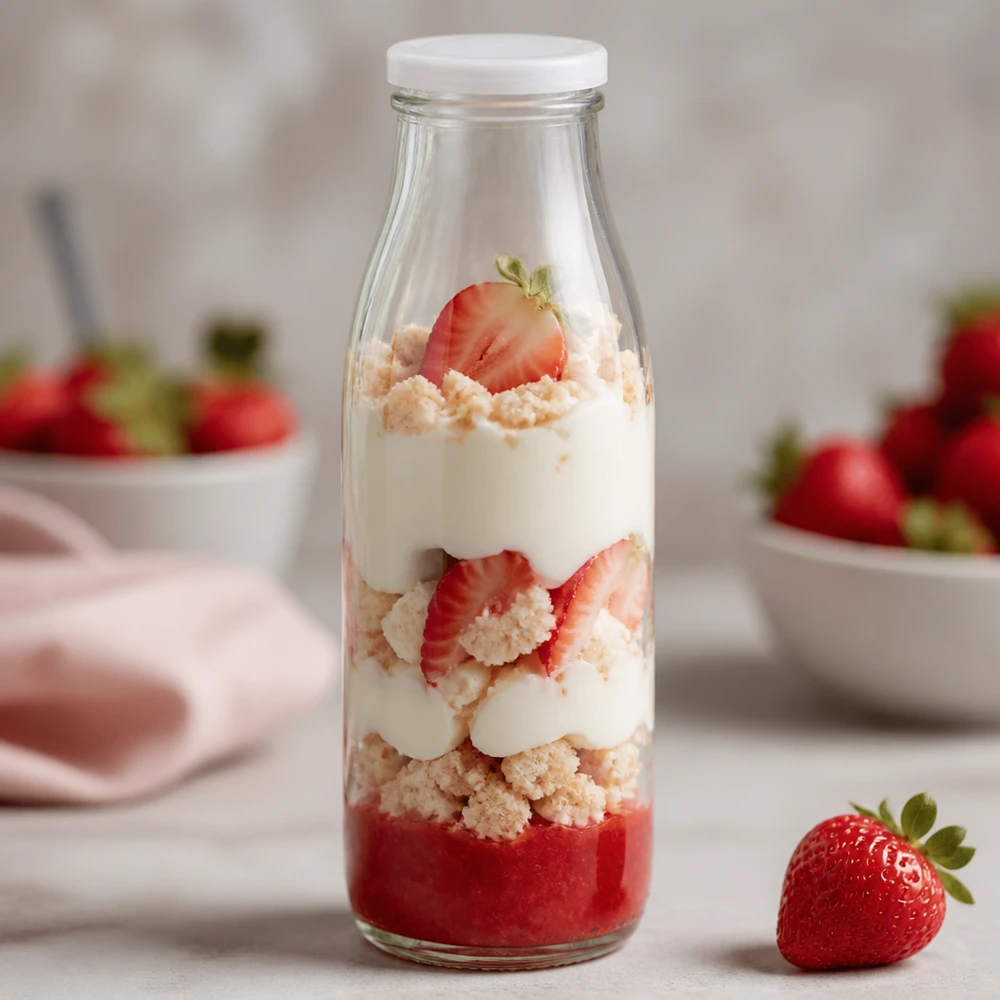 Bottiglia di vetro da 500 ml + coperchio BasicSeal bianco UN.. Bottiglia in vetro da 500 ml con coperchio BasicSeal bianco come vasetto da dessert riempito con fragole, panna e zuccherini