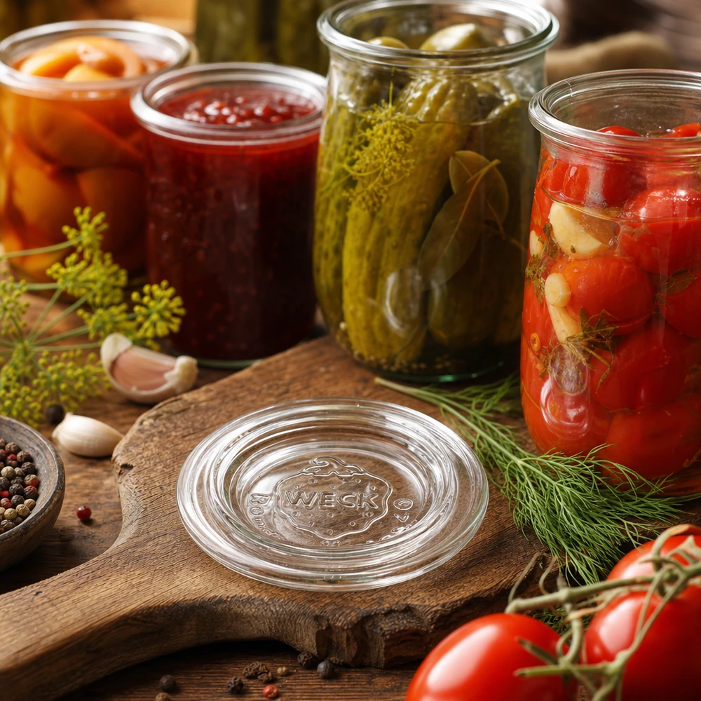 Coperchio per vasetti WECK RR40 in scena di cucina con cetrioli cotti, pomodori e marmellata in vasetti da conserva