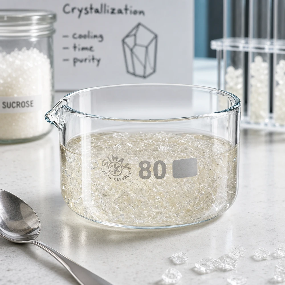Piatto per cristallizzazione da 150ml con beccuccio Bo.. ø80mm Vaschetta di cristallizzazione da 150 ml per l'esperimento di cristallizzazione del saccarosio con cristalli di zucchero bianco di ø80 mm