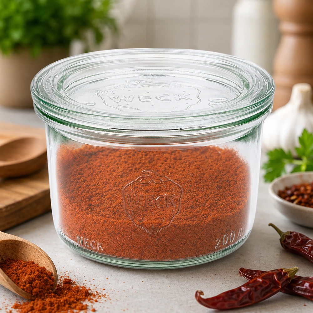 Bicchieri WECK 200ml RR80 riempiti di paprika in polvere per una conservazione ottimale delle spezie accanto al peperoncino