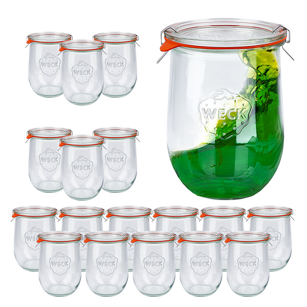 Set di 18 vasi Weck da 1062 ml, tulipani da 1 litro con coperchi in vetro Set di 18 vasi Weck da 1062 ml, tulipani da 1 litro con coperchi in vetro