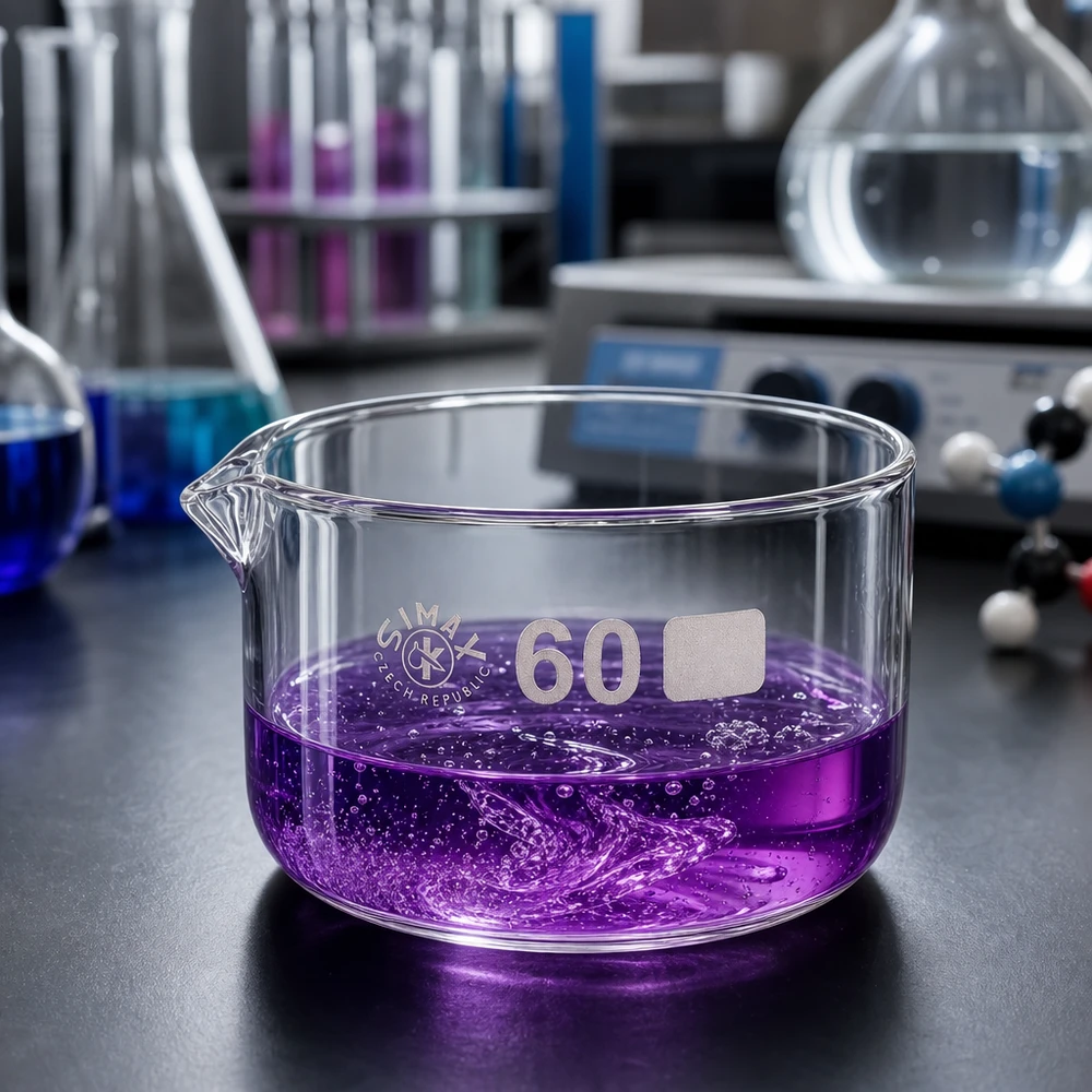 Piatto per cristallizzazione da 60 ml con beccuccio Bo. ø60mm Vaschetta di cristallizzazione da 60 ml, soluzione viola in ebollizione, esperimento di laboratorio, vetro borosilicato, forma cilindrica piatta