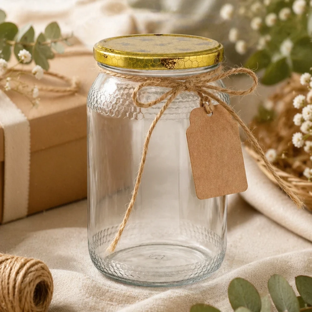 Vasetto per miele da 1260 g con capsula bianca BasicSeal UNiTWIST 900ml barattolo di miele vuoto con etichetta in carta kraft e corda di iuta come decorazione rustica di imballaggio regalo