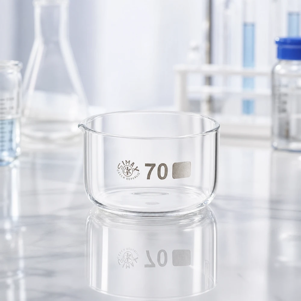 Piatto di cristallizzazione da 100 ml senza beccuccio Bo. ø70mm Ciotola in vetro trasparente da 100 ml Simax, ciotola per cristallizzazione, forma piatta, diametro della base 70 mm