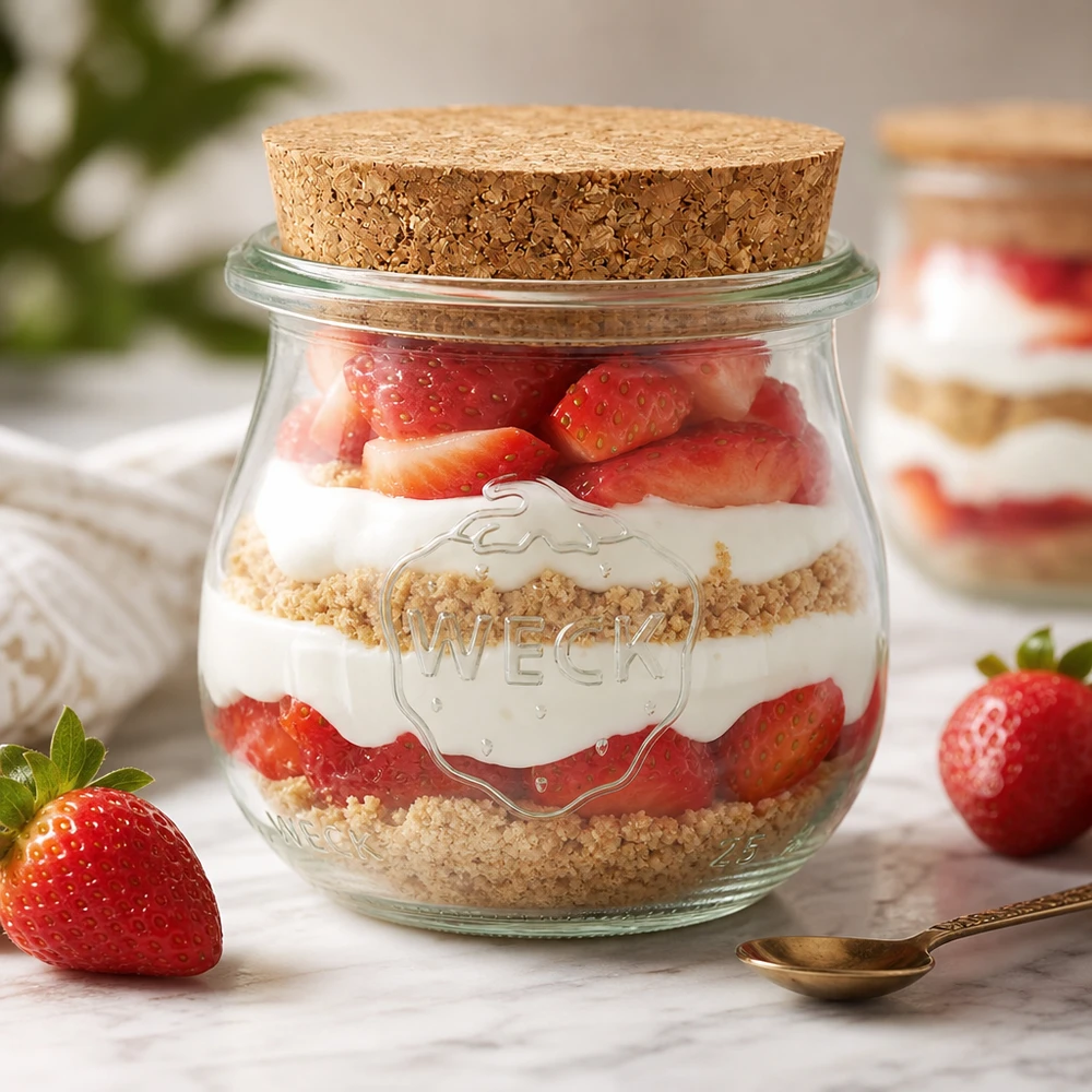 Vaso a tulipano da 75ml WECK RR40 con tappo in sughero naturale WECK barattolo tulipano 75ml RR40 come barattolo da dessert con fragole e panna a strati con coperchio in sughero dessert in barattolo