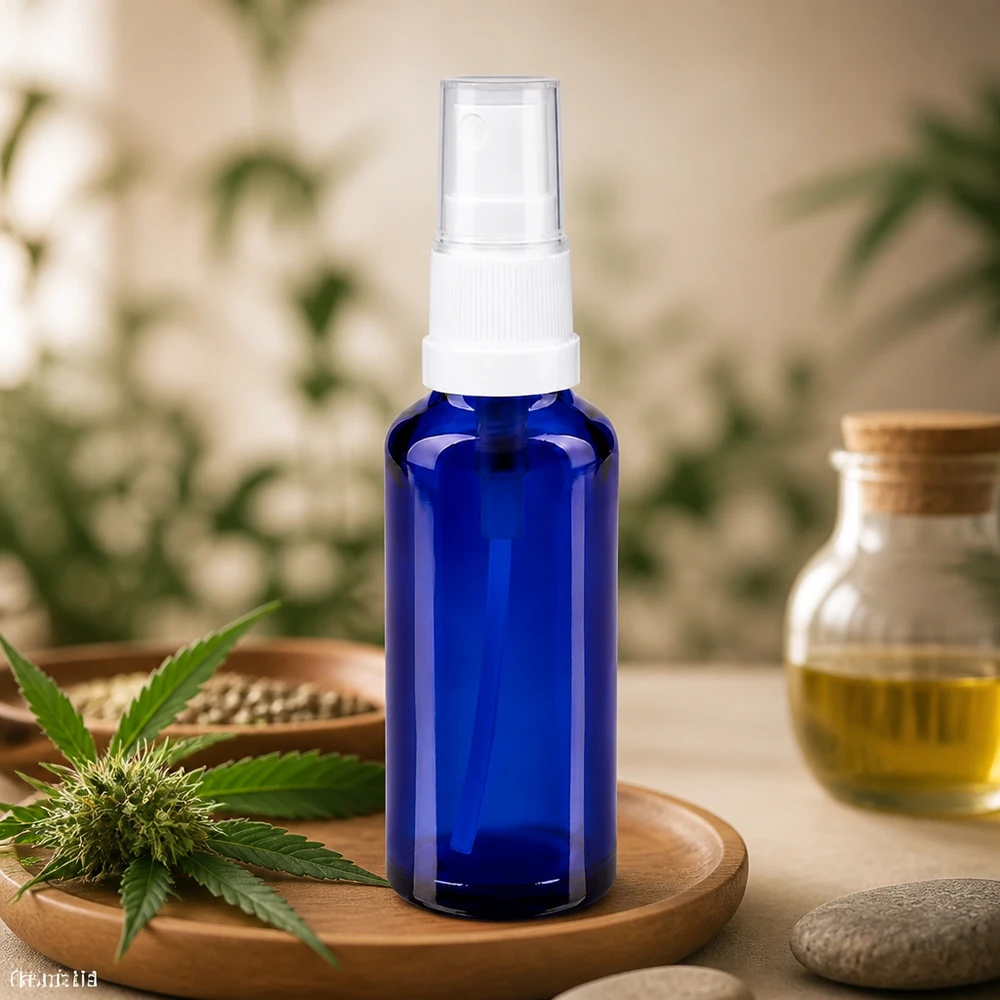 Flacone spray ApoGlas blu da 30 ml con erogatore bianco, accanto a una pianta di cannabis e a semi di canapa su un vassoio di legno
