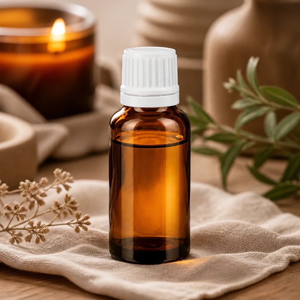 Flacone contagocce da 20 ml in vetro marrone con protezione UV e tappo bianco, appoggiato su un panno di lino con erbe aromatiche