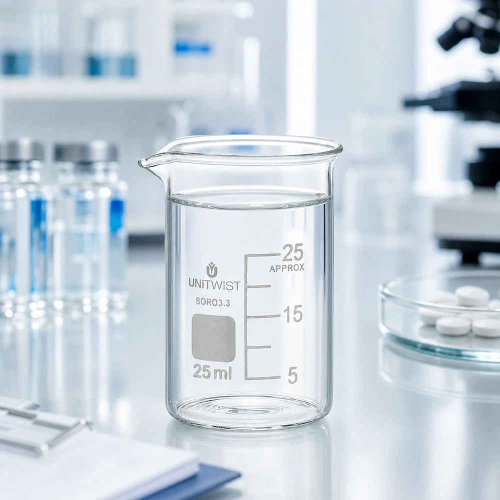 Bicchiere 25ml in borosilicato, a basso stampo UNiTWIST Bicchiere da 25 ml UNiTWIST di forma bassa, in borosilicato 3.3, accanto a un microscopio e a delle compresse in laboratorio