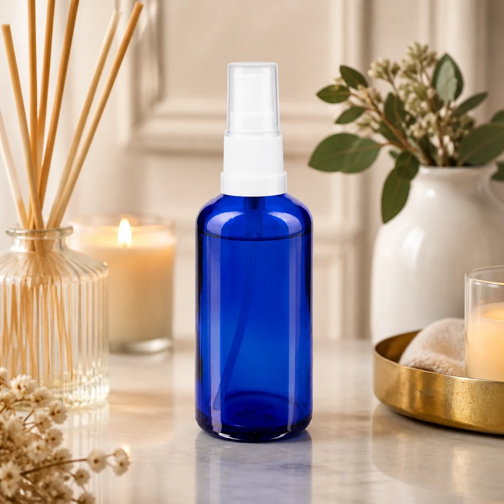 Flacone spray blu da 50ml STD bianco/trasparente apoGlas Flacone spray in vetro da farmacia blu da 50 ml con erogatore trasparente, in stile spa