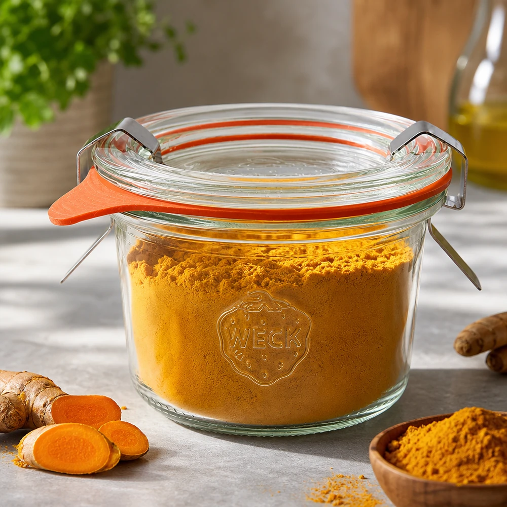 I tumbler WECK 80ml RR60 riempiti con polvere di curcuma mostrano la conservazione ermetica di spezie e polveri