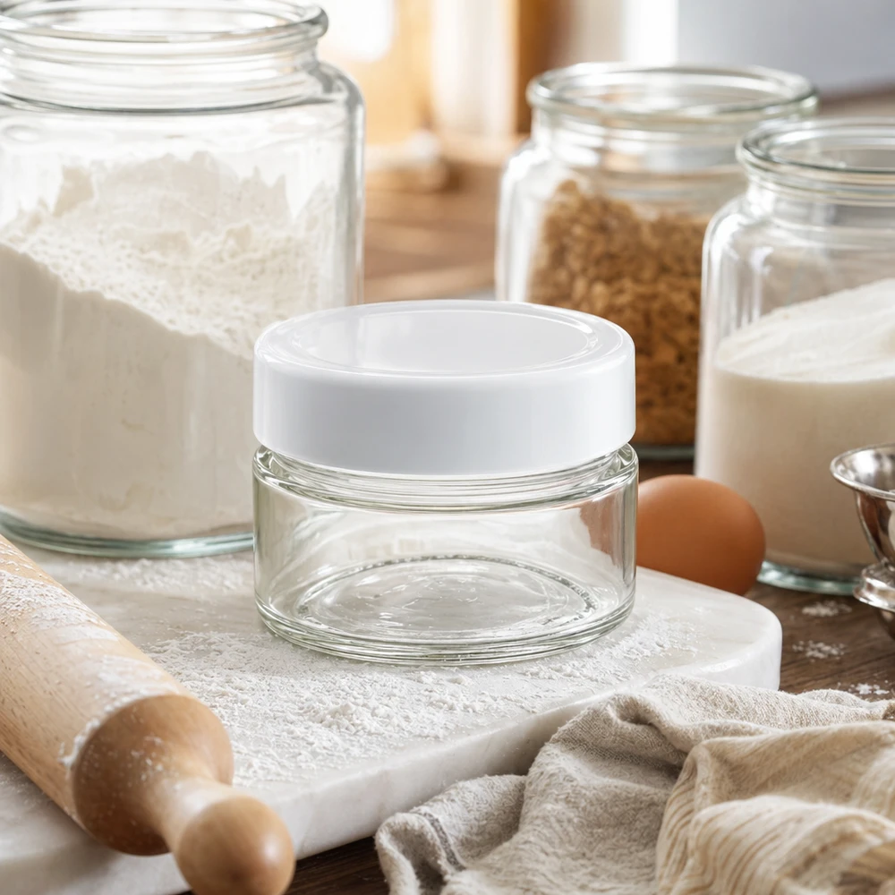 Barattolo rotondo da 80 ml con coperchio BasicSeal bianco profondo UNi... Barattolo rotondo da 80 ml con coperchio BasicSeal in cucina con ingredienti da forno - versatile contenitore in vetro per alimenti