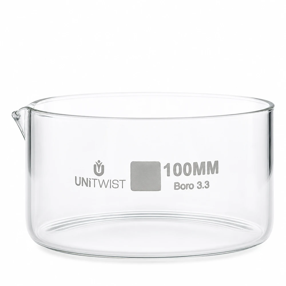 Vaschetta di cristallizzazione da 100 mm in vetro borosilicato UNiTWIST Boro 3.3, trasparente, cilindrica, con beccuccio