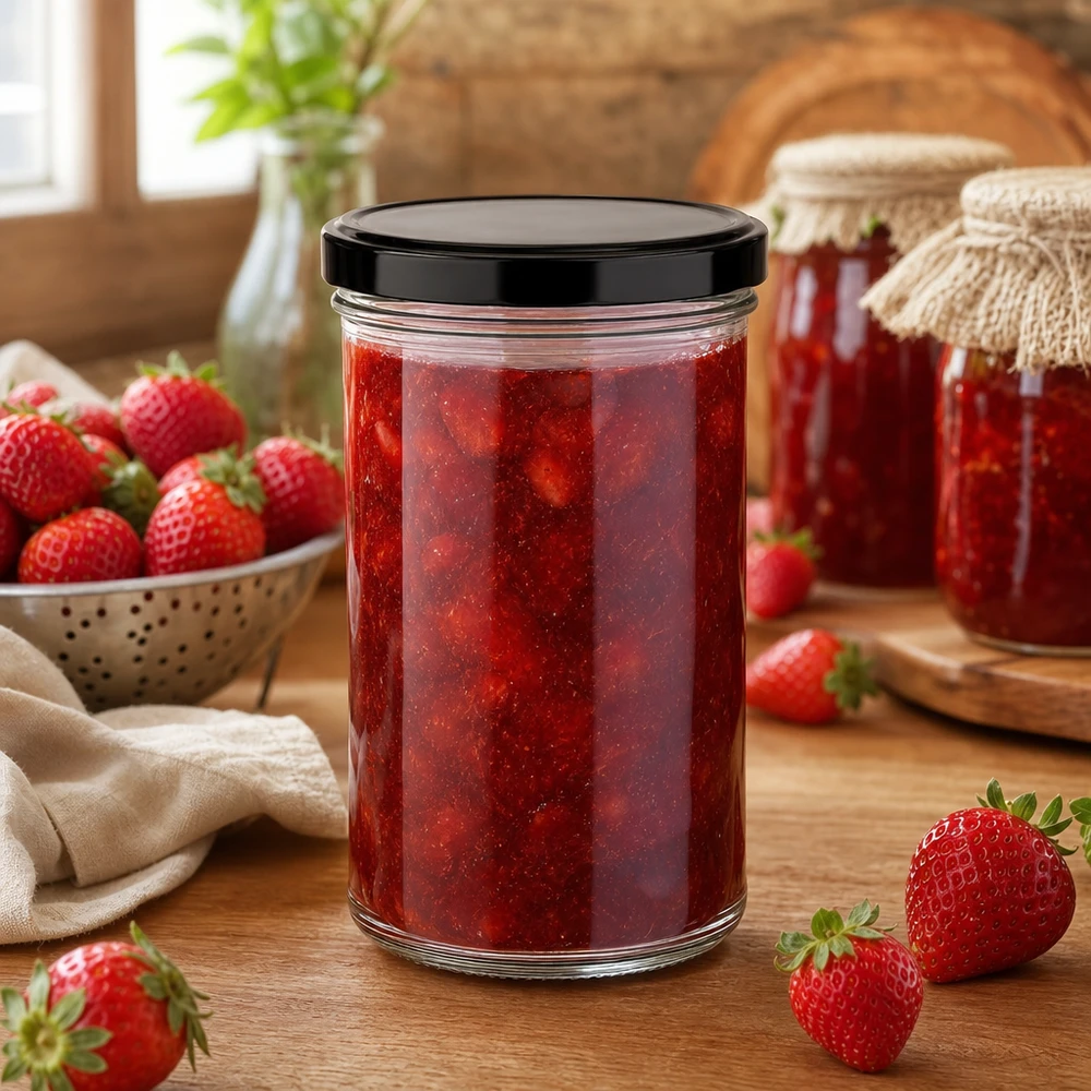 Bicchieri da 277 ml con coperchio BasicSeal nero UNiTWIST. 277ml Sturzglas gefüllt mit Erdbeermarmelade BasicSeal Deckel schwarz Einmachglas für Konfitüre und Aufstriche