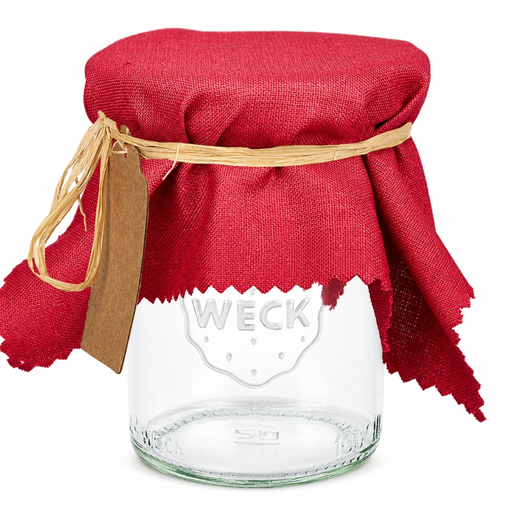 Centrino in tessuto per gioielli bordeaux 15cm quadrato Coperchio decorativo rettangolare in tessuto rosso bordeaux di 15 cm su vaso da conserva WECK con anello di gomma ed etichetta in legno