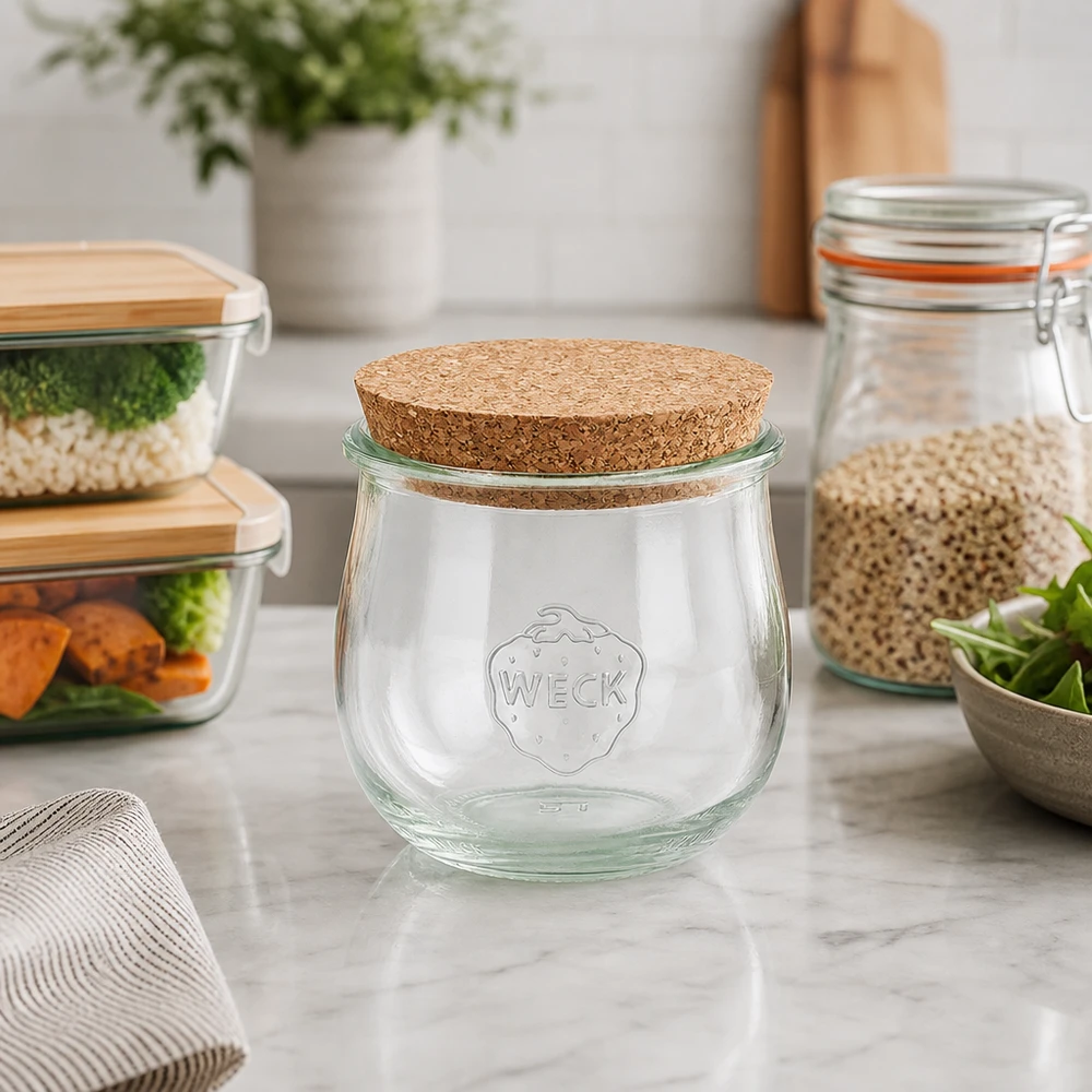 Vasetto per tulipani da 370 ml WECK RR80 con tappo in sughero naturale Barattolo WECK a tulipano 370ml RR80 con coperchio in sughero in una cucina moderna accanto a barattoli e contenitori per la preparazione dei pasti su marmo