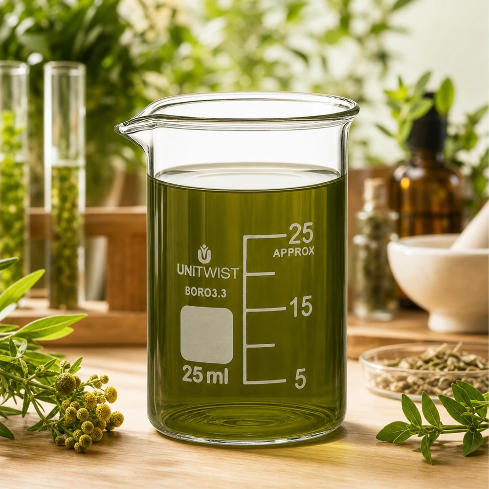 Bicchiere UNiTWIST da 25 ml con estratto di erbe verdi, circondato da piante medicinali fresche su una base di legno