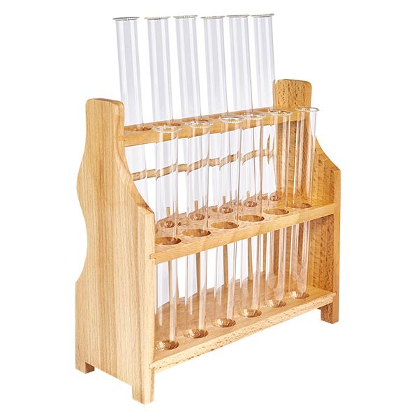 Portaprovette in legno con 12 provette in borosilicato 160x16
