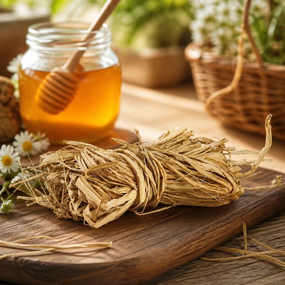 Raffia naturale 30g su tavola di legno con miele e fiori decorazione rustica per progetti di artigianato naturale e confezioni regalo