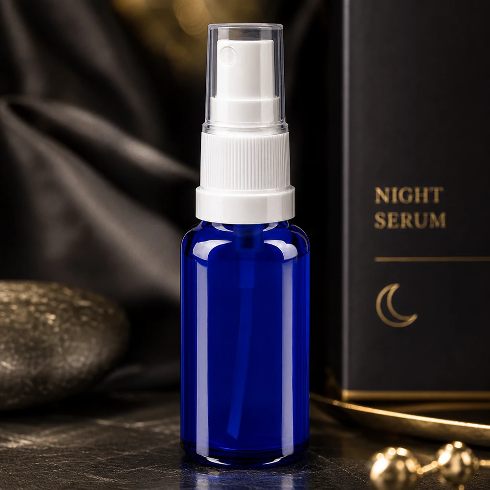 Flacone in vetro blu da 20 ml con erogatore a spruzzo, confezione per siero da notte, elegante flacone cosmetico ApoGlas