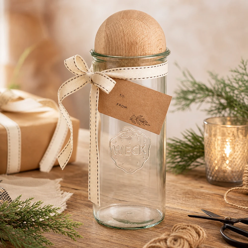 Bicchieri da 1500ml WECK RR100 con sfera in legno di faggio Bicchieri WECK 1500ml RR100 in confezione regalo, decorati con sfera in legno di faggio, nastro regalo ed etichetta