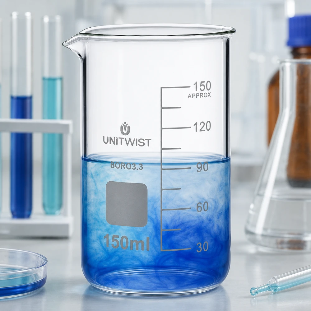 UNITWIST Bicchiere da laboratorio in borosilicato da 150 ml, forma alta, con graduazione e soluzione blu