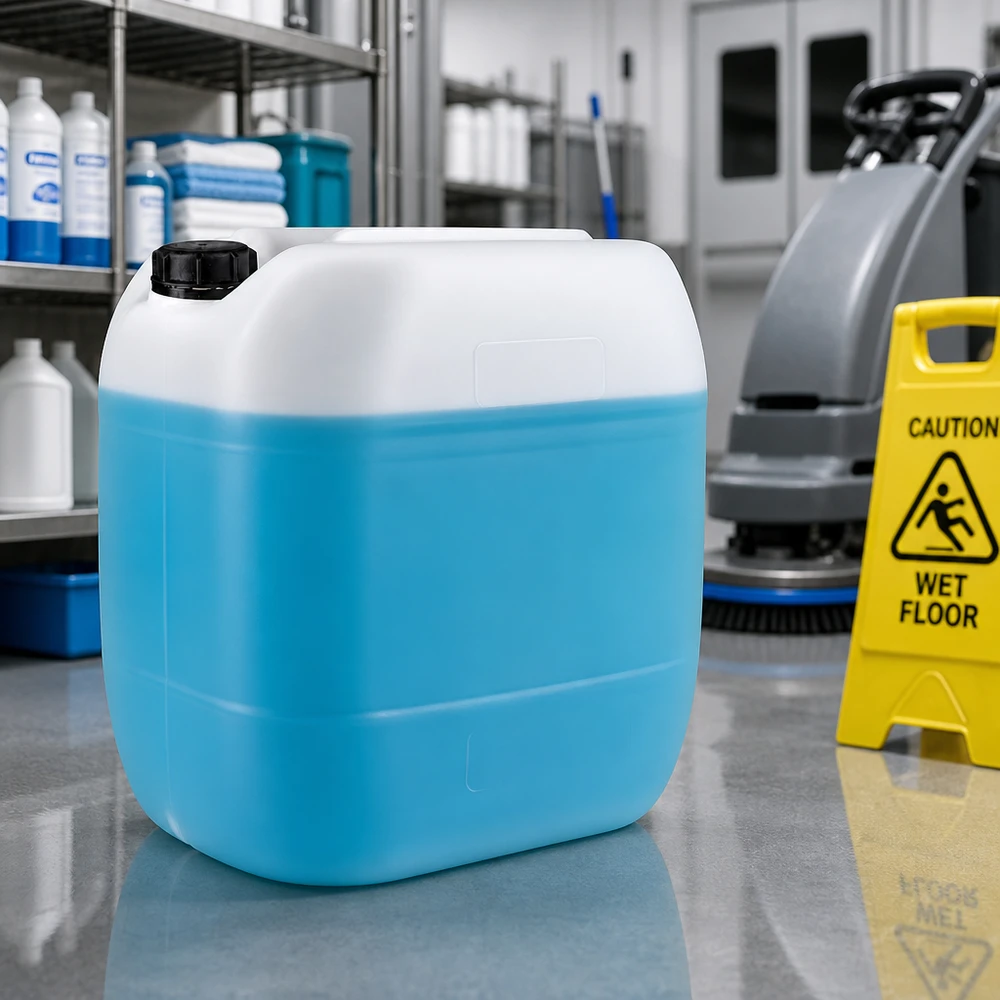 Tanica 30 litri con tappo a vite OV Tanica blu da 30 litri con tappo a vite in un ambiente di pulizia professionale