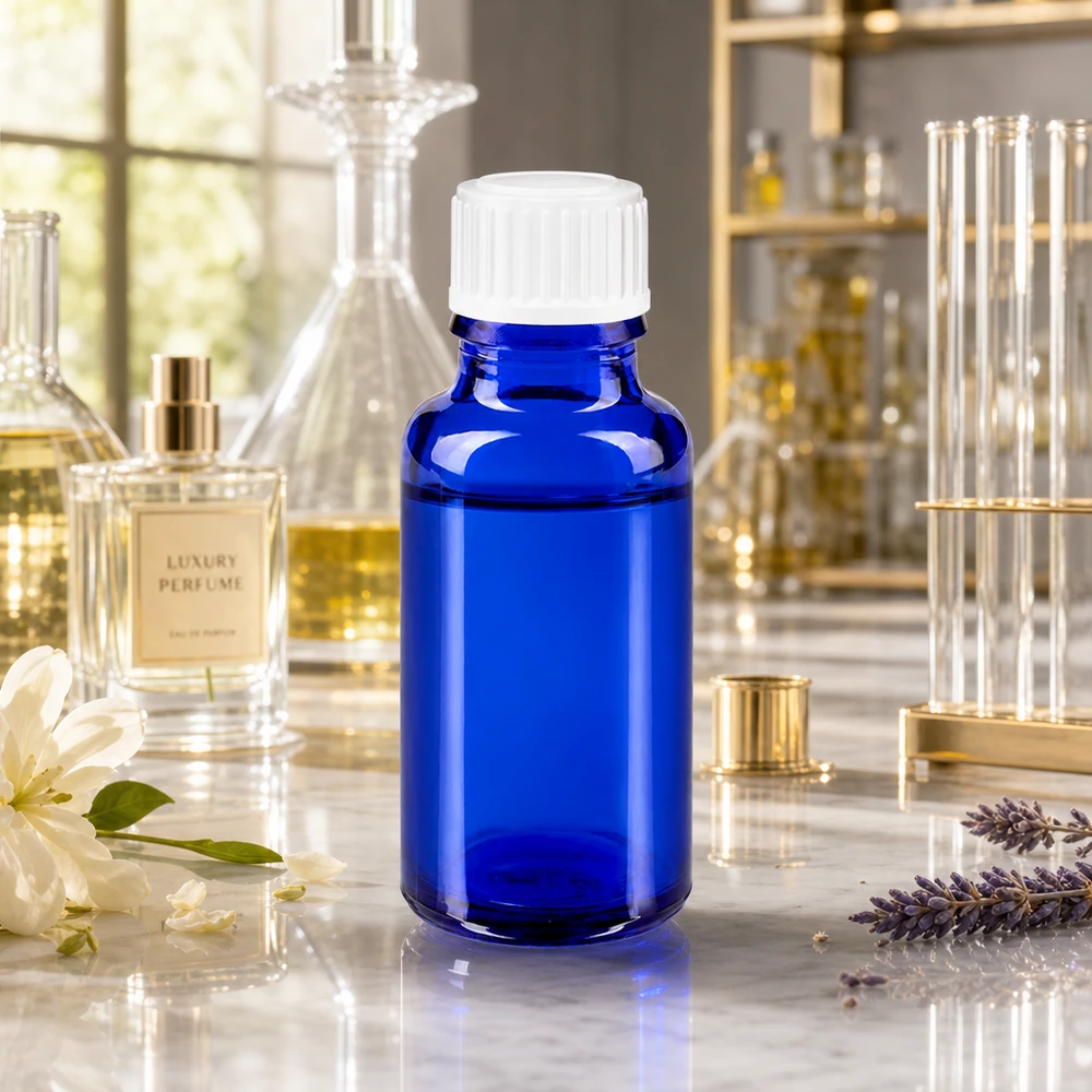 Flacone di vetro da 20 ml color blu cobalto con tappo bianco, tra fiori di lavanda e gelsomino