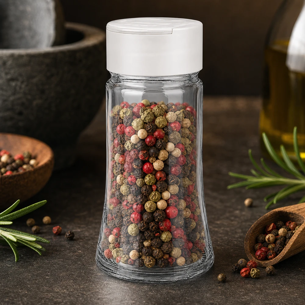 Barattolo per sale e spezie da 95 ml con doppio dosatore, bianco Miscela di pepe in grani colorati in barattolo trasparente da 95 ml con coperchio bianco a doppia spargitrice