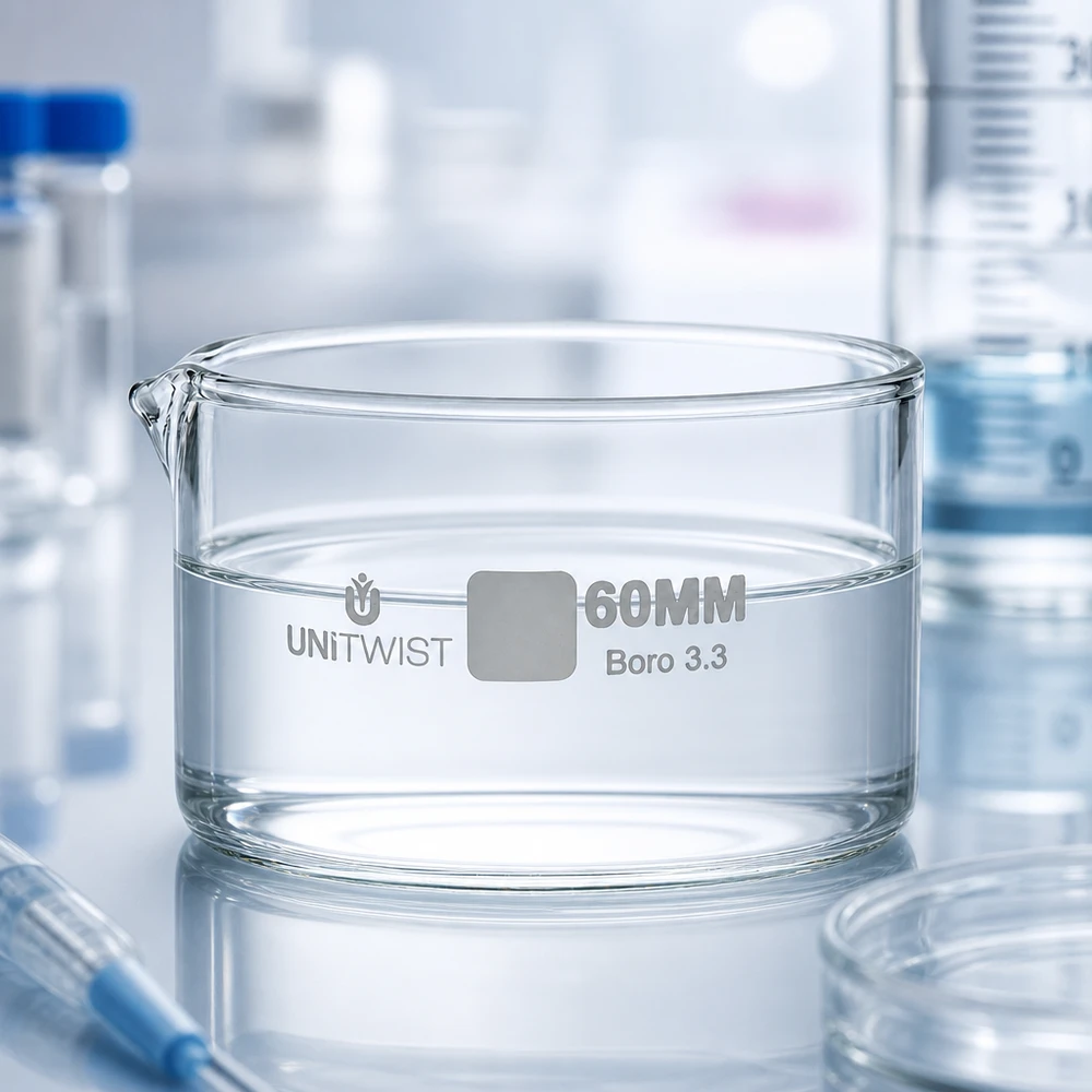 Piatto per cristallizzazione ø60mm in vetro borosilicato UNiTWIST Vaschetta di cristallizzazione UNiTWIST da 60 mm riempita con acqua limpida su un piano di lavoro da laboratorio lucido