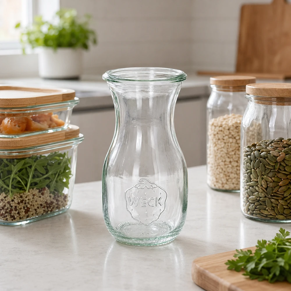 Bottiglia di succo WECK 290ml RR60 vuota in cucina moderna con vasi di stoccaggio e conservazione sostenibile