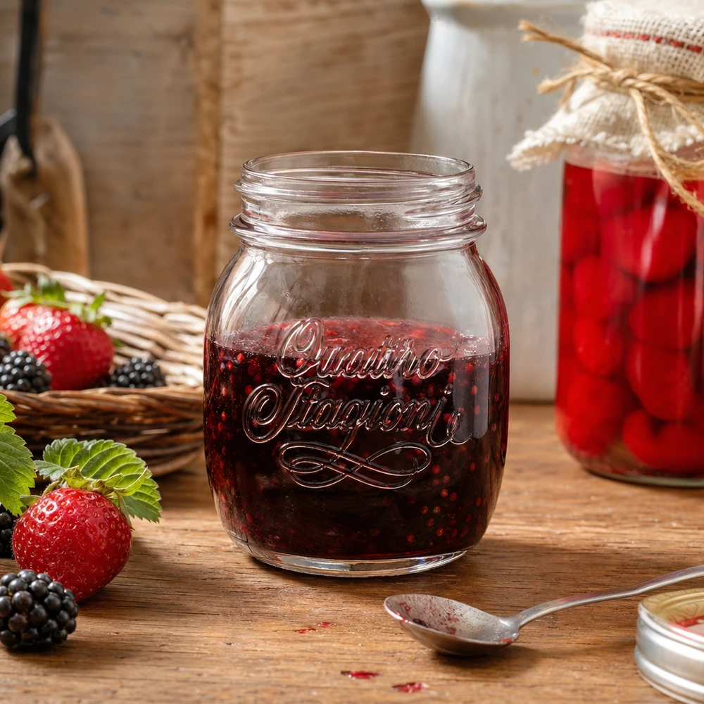 Bicchiere da 700 ml per uso domestico "Quattro Stagioni Barattolo casalingo Quattro Stagioni da 700 ml pieno di marmellata di frutti di bosco su un tavolo di legno con fragole e more fresche