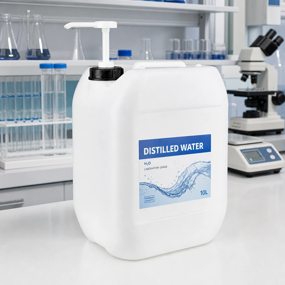 Tanica da 10 litri con pompa dosatrice Tanica da laboratorio da 10 litri con pompa per acqua distillata H₂O in ambiente di laboratorio professionale