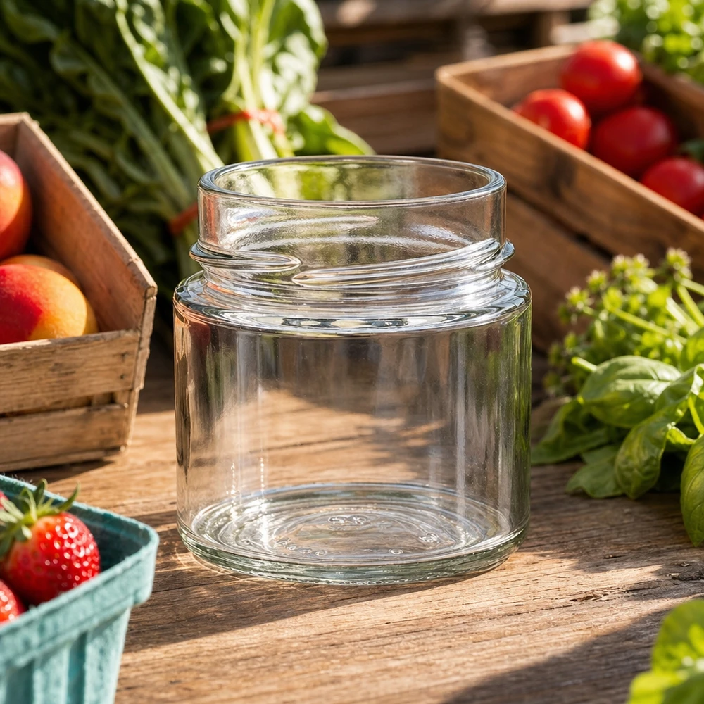 UNiTWIST Runda135 - Barattolo rotondo capacità 135ml TO58deep UNiTWIST Runda135 barattolo rotondo 135ml TO58deep barattolo per conserve su tavolo di legno con frutta e verdura fresca