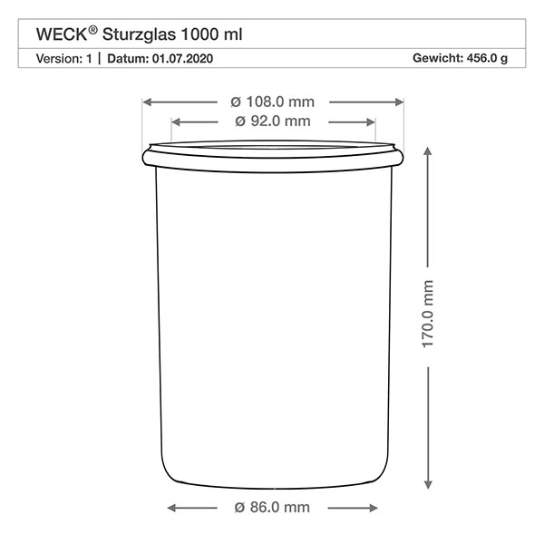 Bicchieri da 1000ml con coperchio di freschezza WECK RR100 Disegno tecnico dei tumbler WECK 1000ml RR100 con dimensioni: diametro 108 mm, altezza 170 mm, peso 456 g.