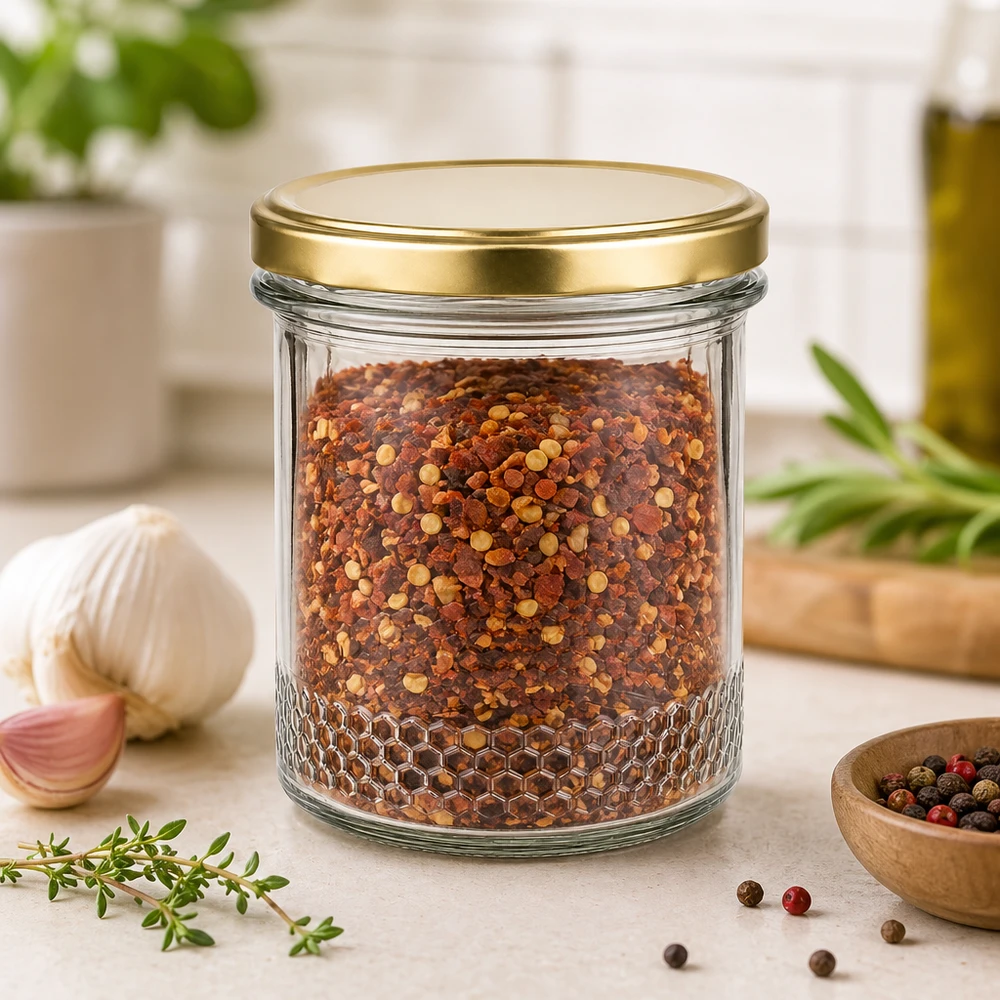 Vasetto per miele da 560 g con capsula dorata BasicSeal UNiTWIST Vasetto per miele da 400 ml con coperchio BasicSeal oro UNiTWIST come vasetto per le spezie per i fiocchi di peperoncino in un ambiente di cucina