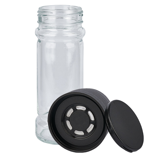 Barattolo per spezie in vetro trasparente 100ml con macinino in ceramica nero Barattolo per spezie in vetro trasparente 100ml con macinino in ceramica nero