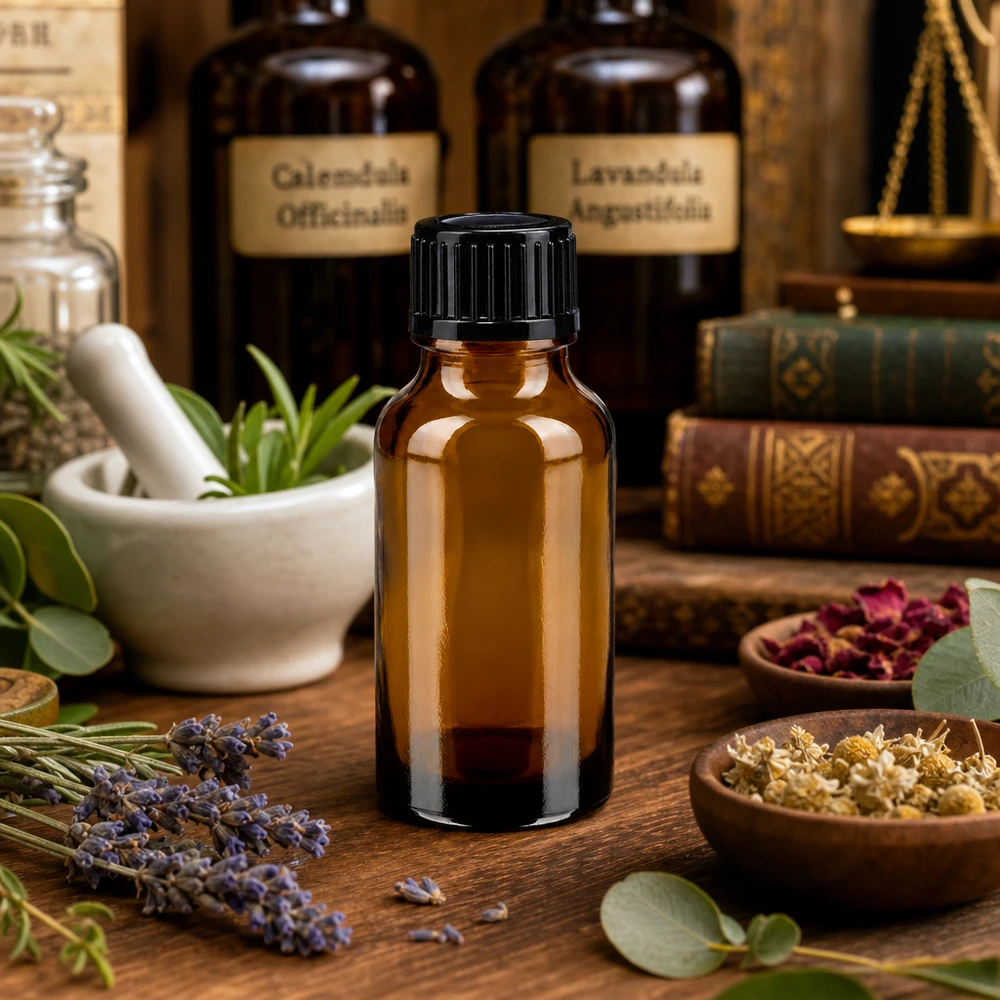 Bottiglia da farmacia marrone da 20 ml. SV STD nero/11mm ApoGlas Flacone di vetro marrone da 20 ml con tappo nero, accanto alle tinture di calendula e lavanda officinale