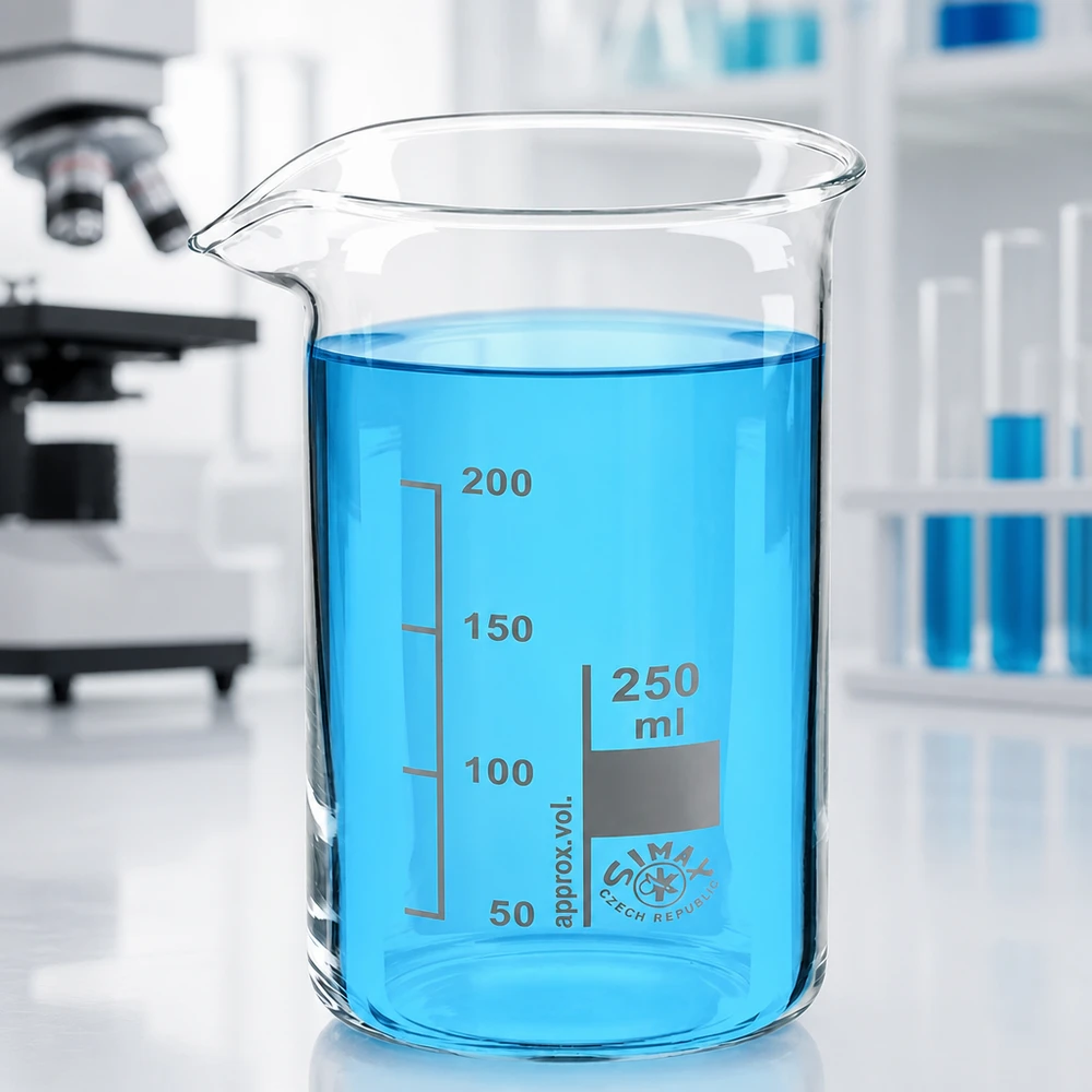 Becher vuoto da 250 ml, forma alta, in vetro borosilicato, con beccuccio, su un piano di lavoro bianco da laboratorio