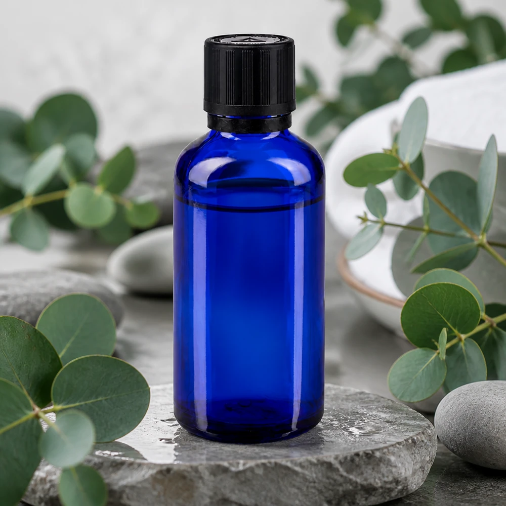 Contagocce blu da 50 ml. OV KiSi Bli nero/1mm ApoGlas Flacone da farmacia blu da 50 ml con tappo di sicurezza nero a prova di bambino, appoggiato su pietre naturali con ramoscelli di eucalipto