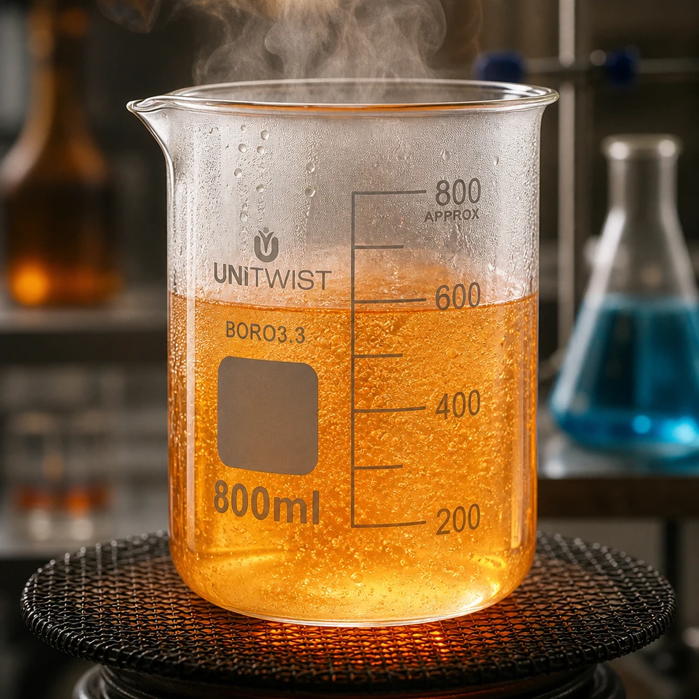 Bicchiere di vetro UNiTWIST da 800 ml con liquido arancione in ebollizione, riscaldato su una griglia metallica