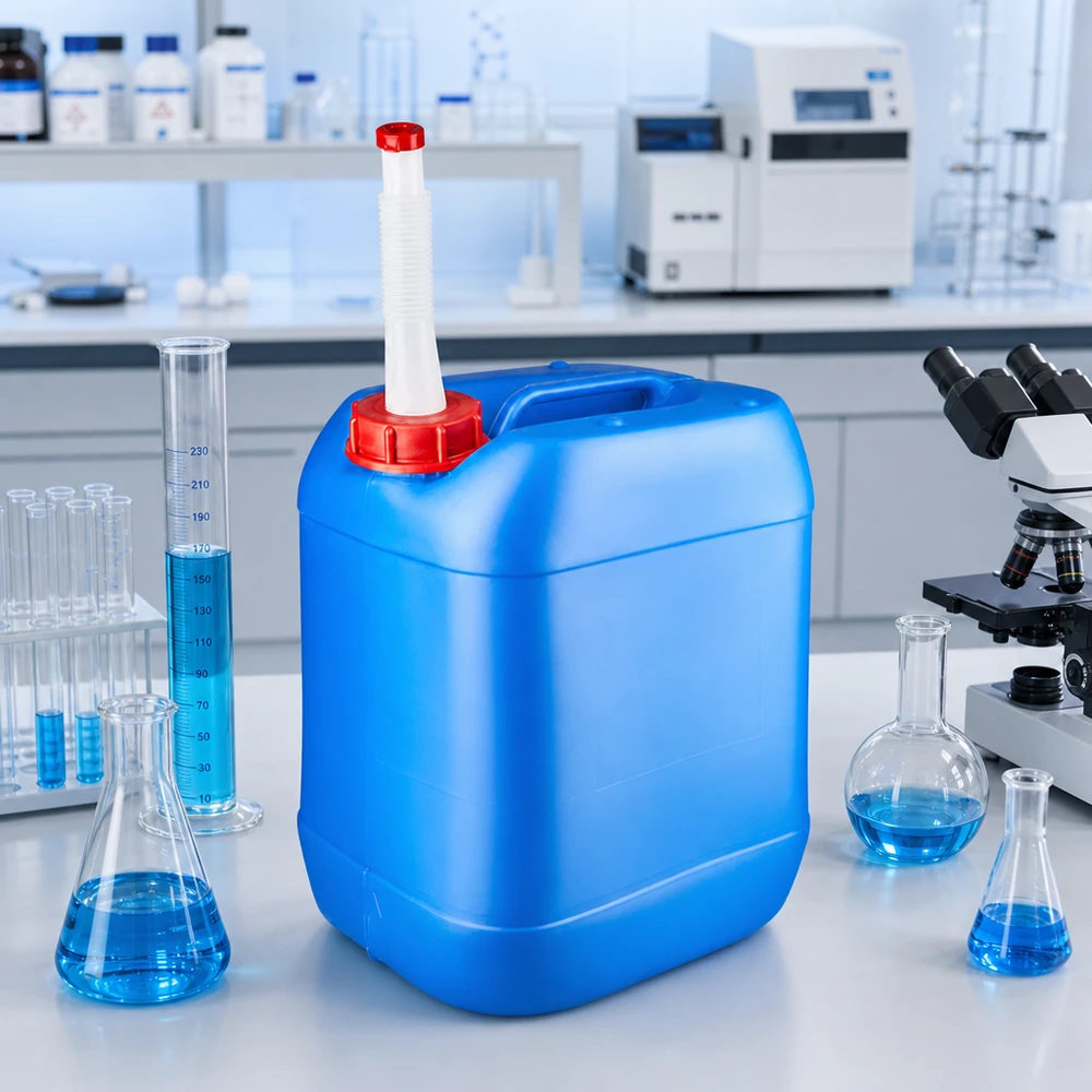 Tanica blu da 20 litri con beccuccio Flex Tanica rettangolare in plastica da 20 litri, di colore blu, con beccuccio flessibile bianco e coperchio rosso