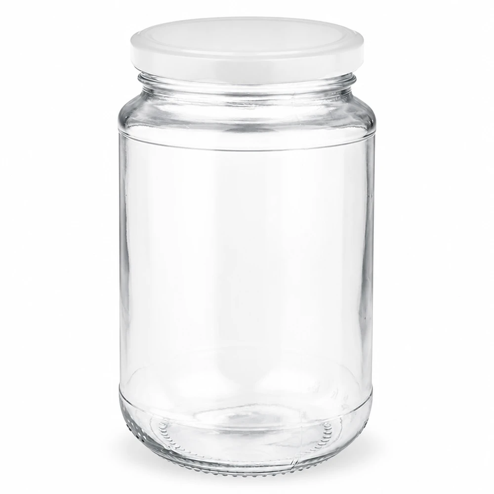Vaso di vetro rotondo da 320 ml + BasicSeal bianco UNiTWIST UNiTWIST, barattolo rotondo in vetro trasparente da 320 ml con coperchio bianco BasicSeal Twist-Off – Vista laterale