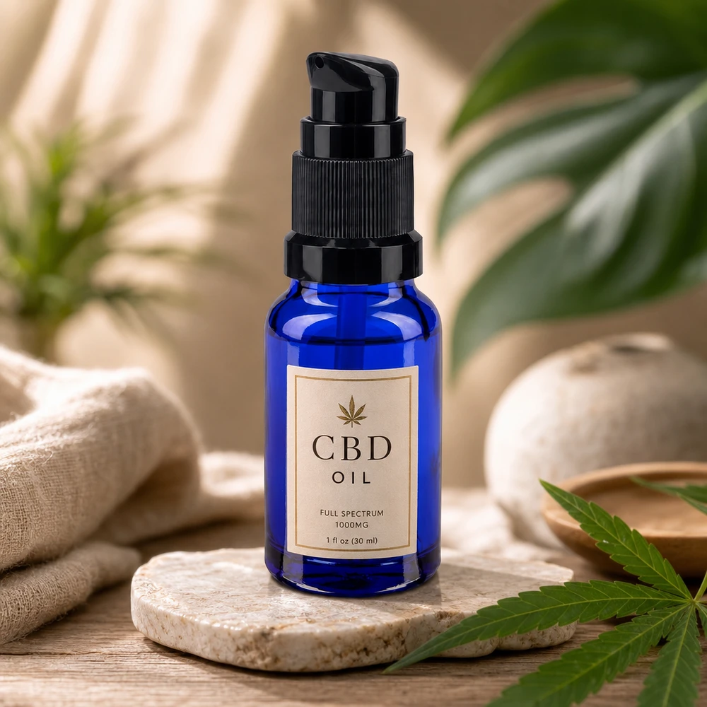 Flacone in vetro da 10 ml blu cobalto con dosatore a pompa nero per olio di CBD e cosmetici naturali