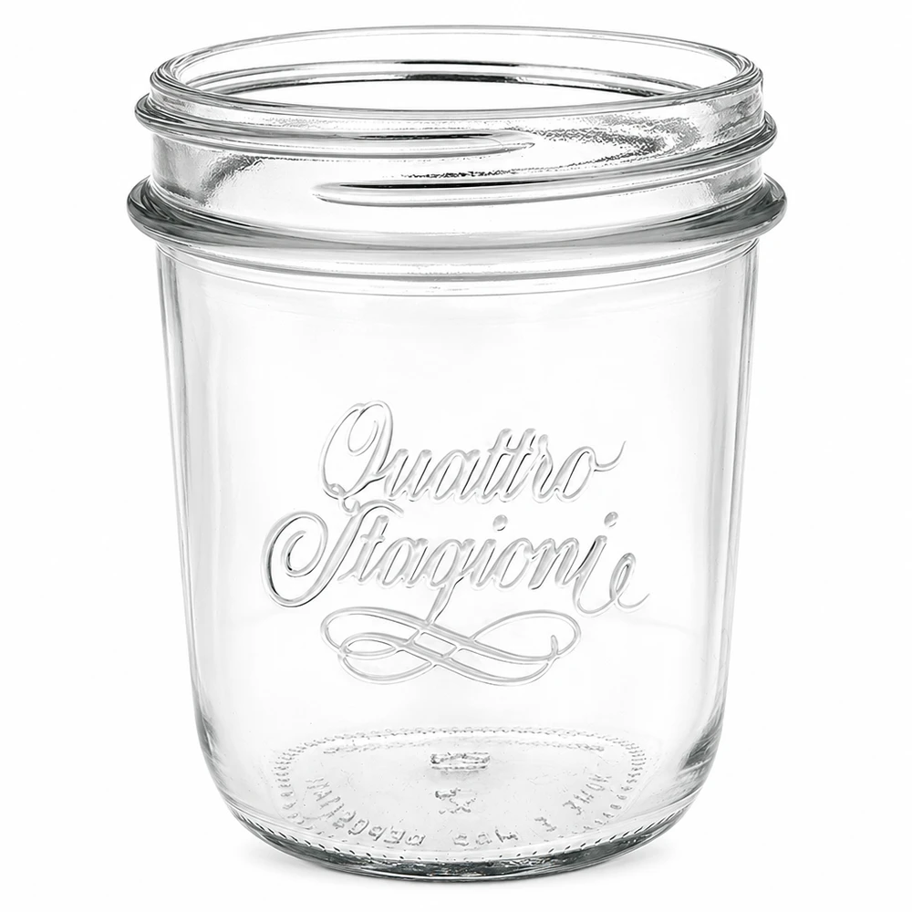 Bicchieri "Quattro Stagioni" da 320 ml QS86mm Bicchieri vuoti Quattro Stagioni da 320 ml con filettatura QS86 mm ed eleganti scritte per conserve e scatolame