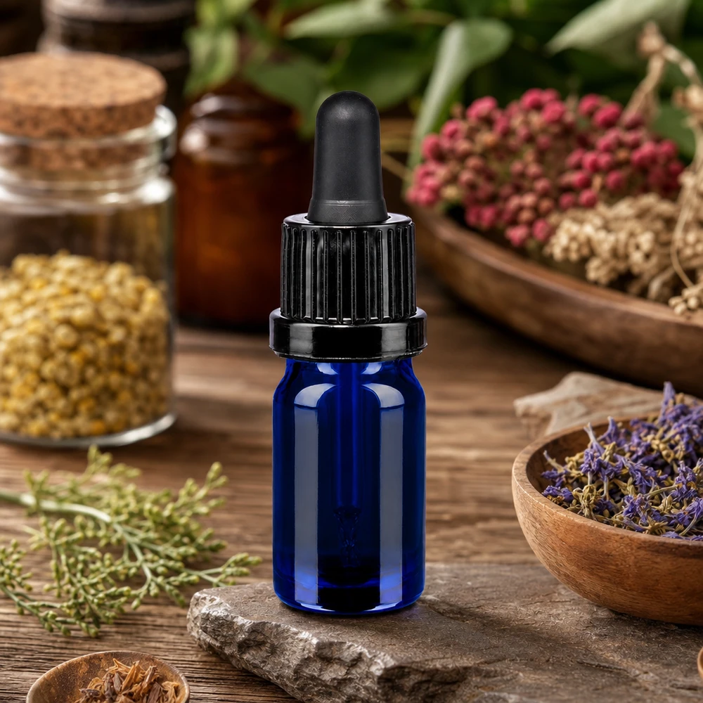 Flacone per pipette da 5 ml nero OV BlueLine UT18/5 Elegante flacone in vetro blu da 5 ml con contagocce per estratti di piante medicinali OV BlueLine UT18/5